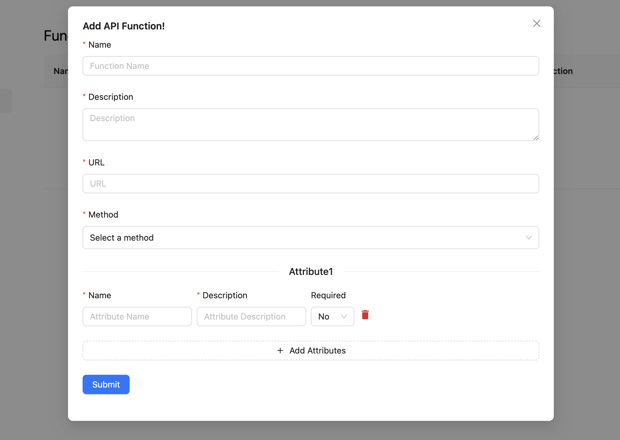 Configure API Function Form