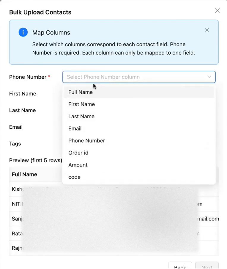 Contacts CSV Mapping