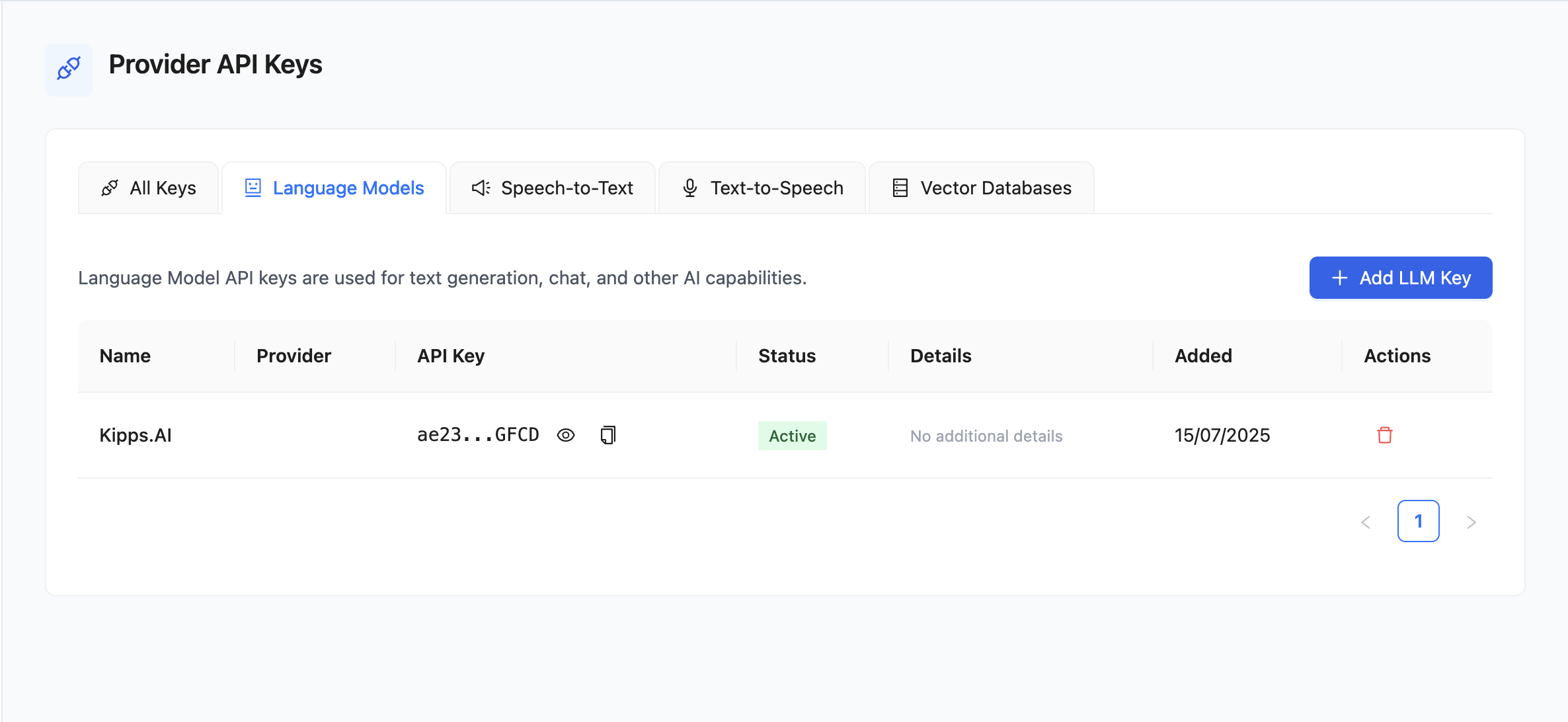 LLM API Keys Table