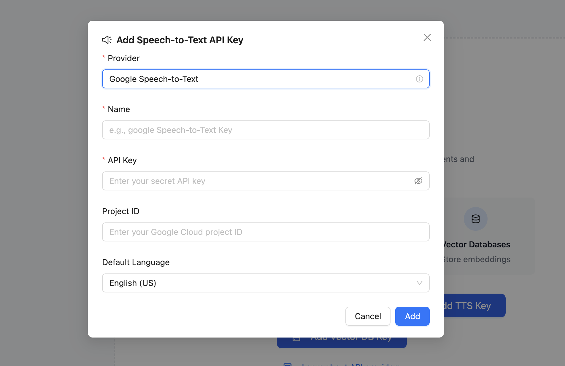 Add STT API Key Modal