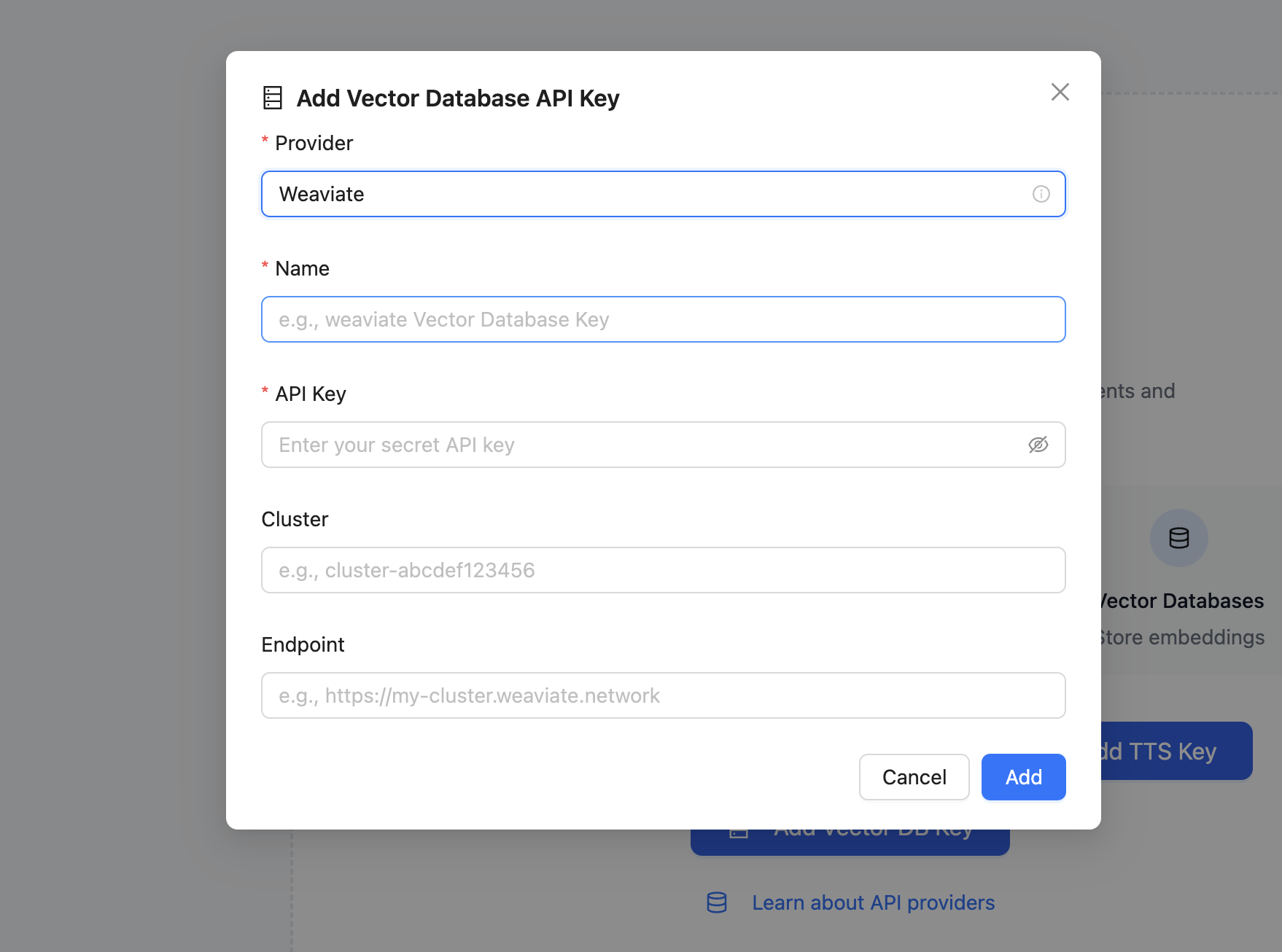 Add Vector DB API Key Modal